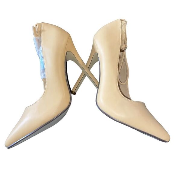 JustFab Jaslene Sz 9 Taupe Pointy Toe 5” Heels Gold Lock Key Sets Pumps Heels - Picture 4 of 8